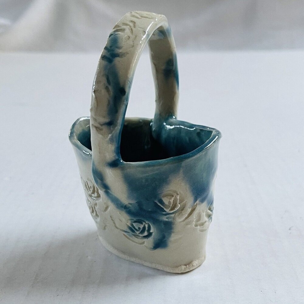 Floral Basket Pottery Handle Green White Glaze Stamped Signed Home Decor Farm